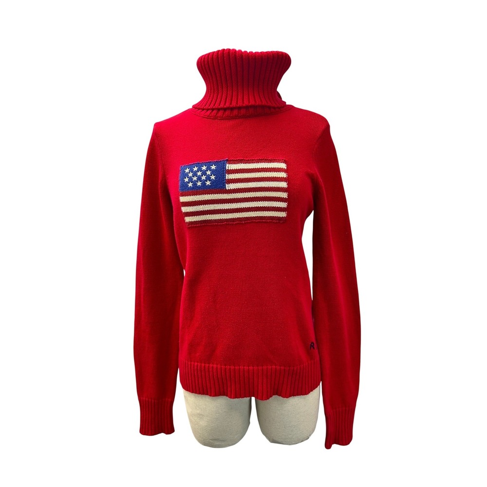 Lauren Ralph Lauren Flag Sweater Womens Small Red Excellent Turtleneck Cotton